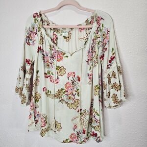 Bila Shirt Womens M Floral Print Peasant Blouse Off Shoulder 3/4 Bell Sleeve Top